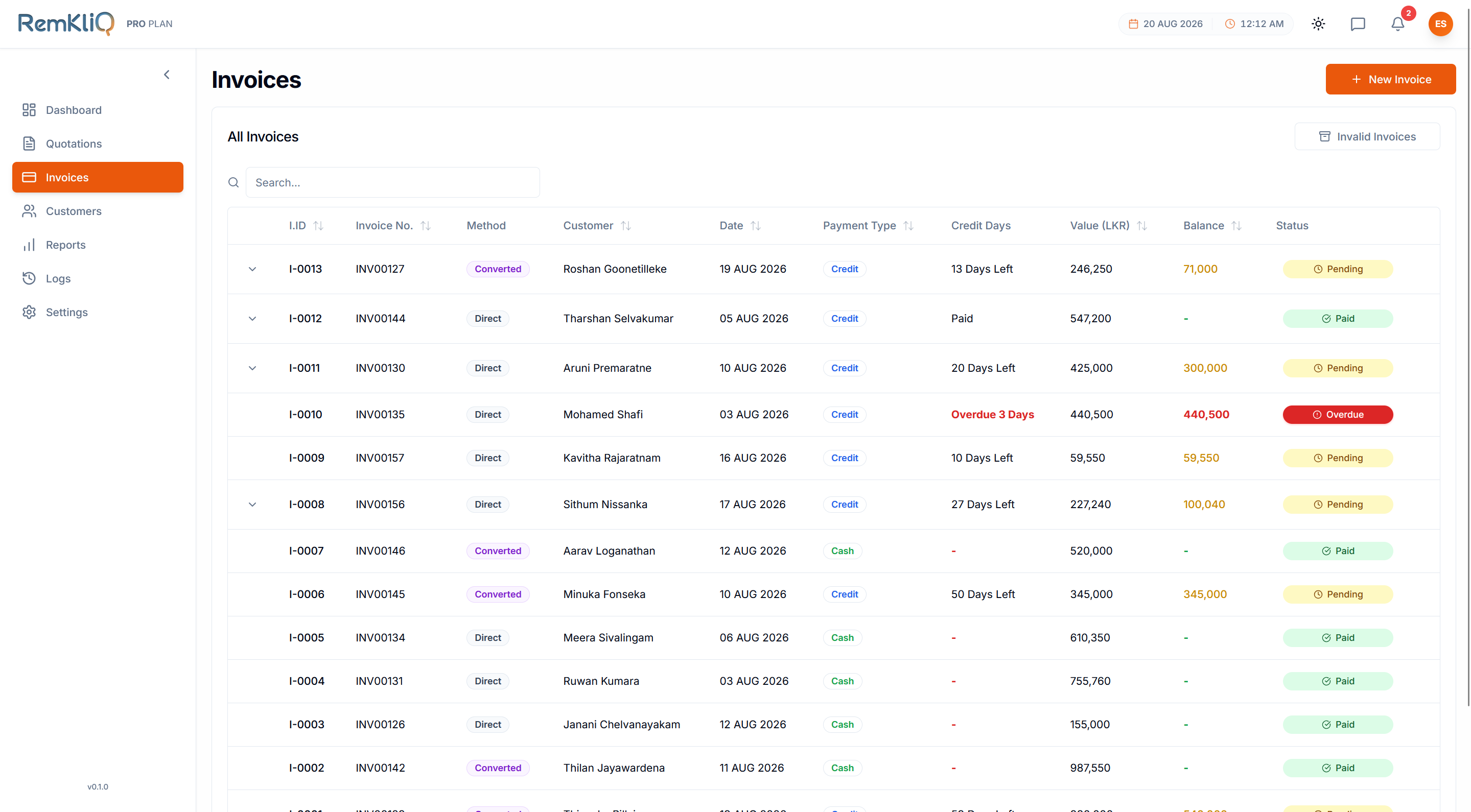 Invoices list