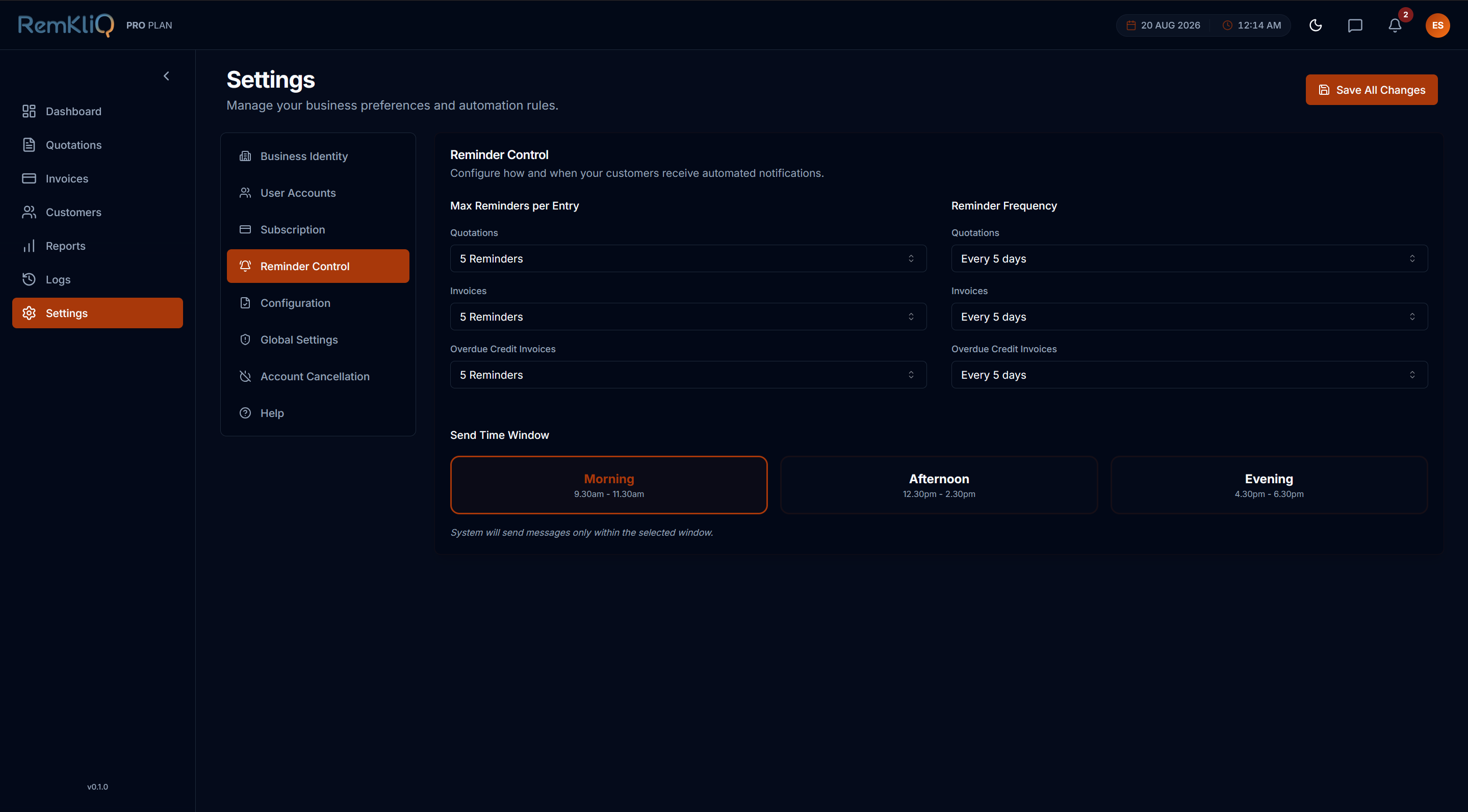 Reminder settings