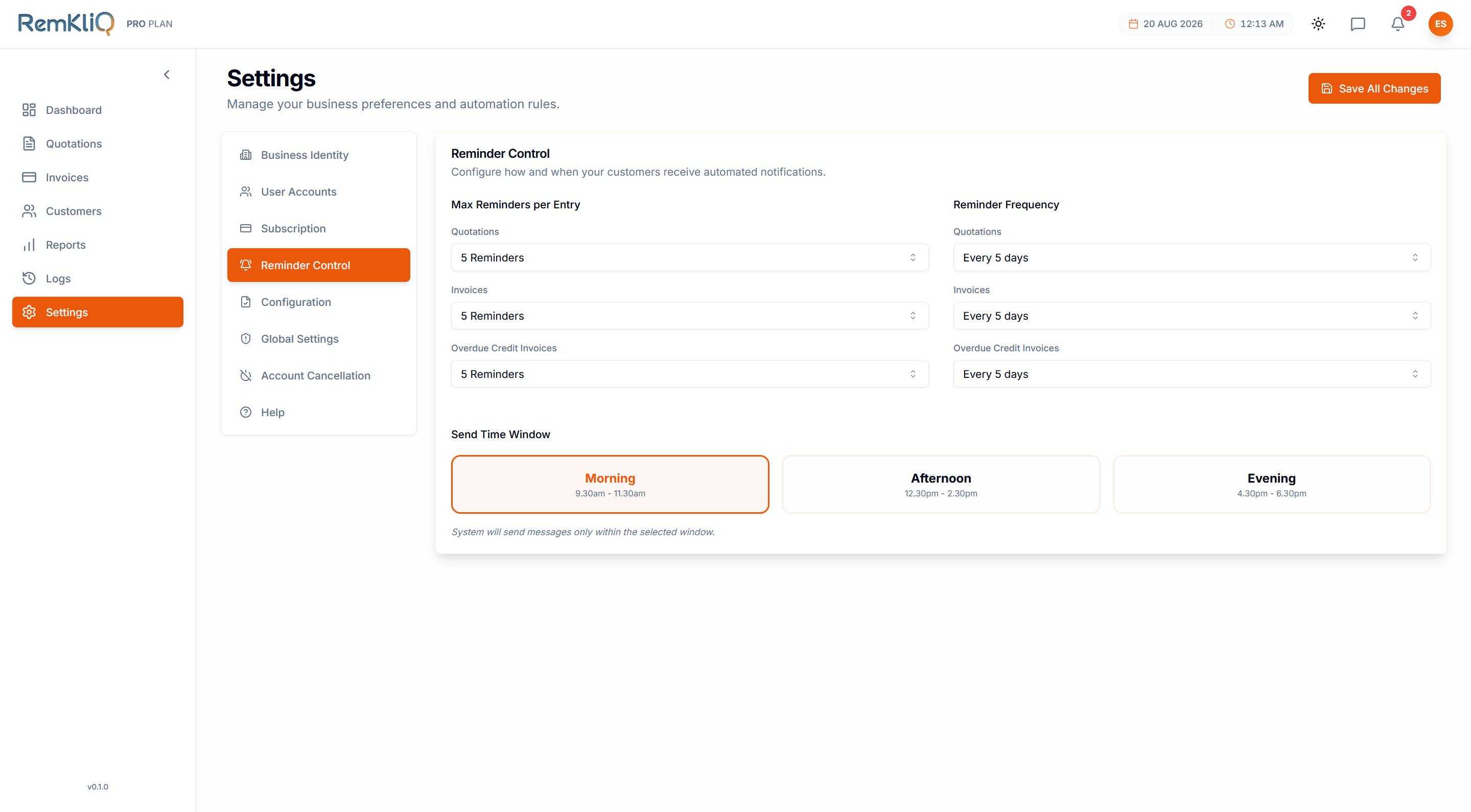 Reminder settings